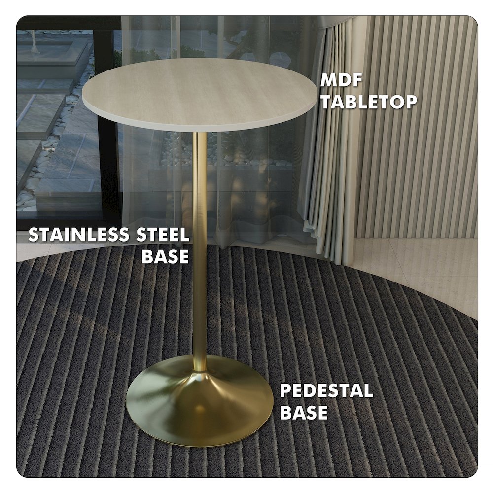 Bar Height Table Brushed Gold Base with 27" Round Light Natural Wood MDF Top. Picture 22