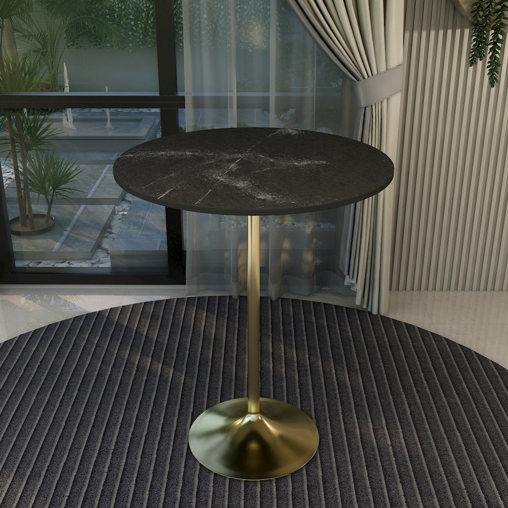 Bar Height Table Brushed Gold Base with 36" Round Black Marbelized MDF Top. Picture 22