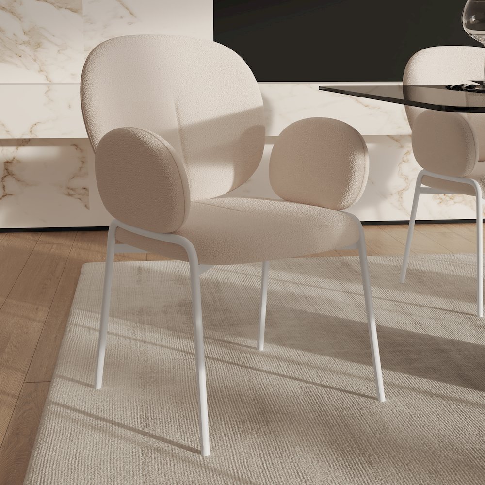 Celestial Series Boucle Dining Arm Chair, White Frame with White Fabric. Picture 8