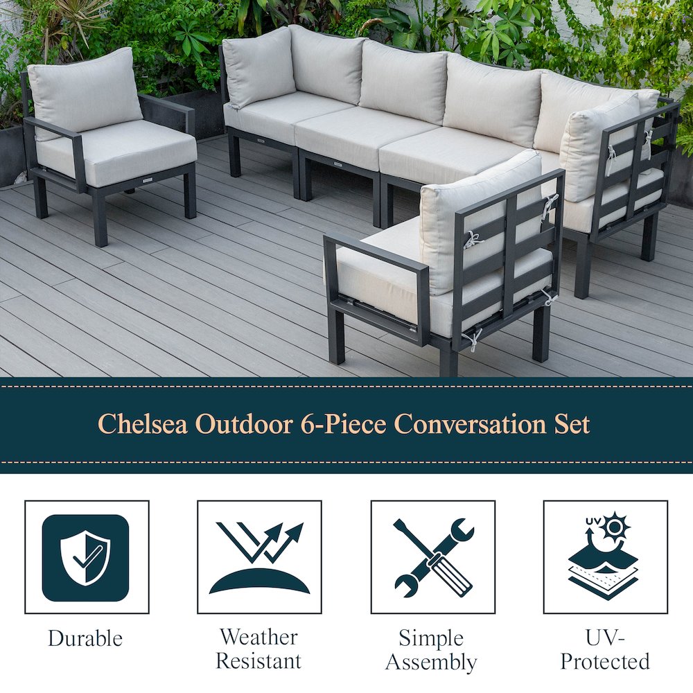 Chelsea 6-Piece Patio Sectional Black Aluminum With Cushions. Picture 32