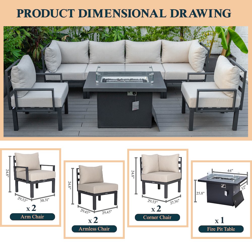 Chelsea 7-Piece Patio Sectional And Fire Pit Table Black Aluminum With Cushions. Picture 37