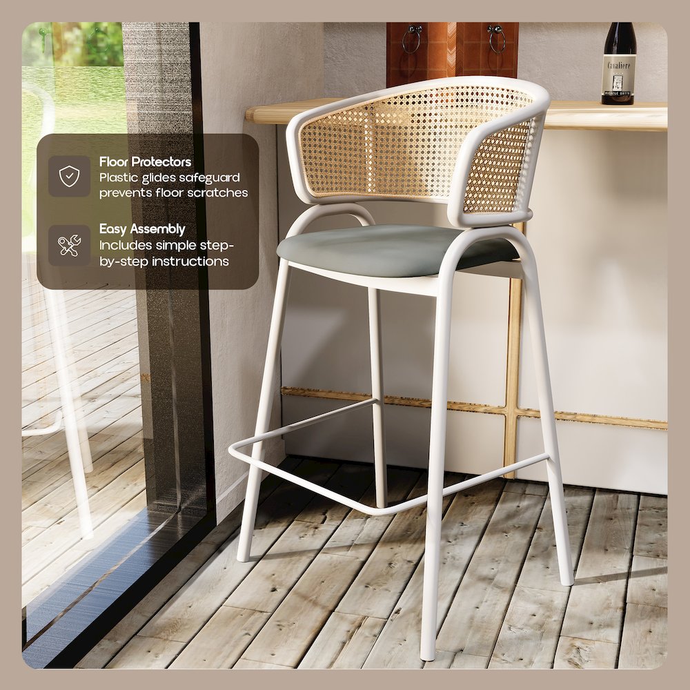 Ervilla Wicker Bar Stool with Fabric Seat and White Steel Frame - Grey leather. Picture 4