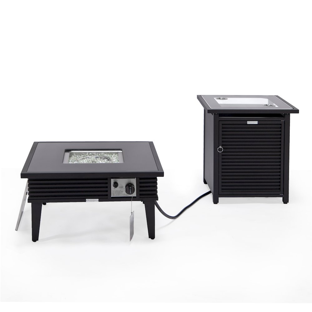 Walbrooke Patio Square Fire Pit and Tank Holder with Slats Design in Black. Picture 3