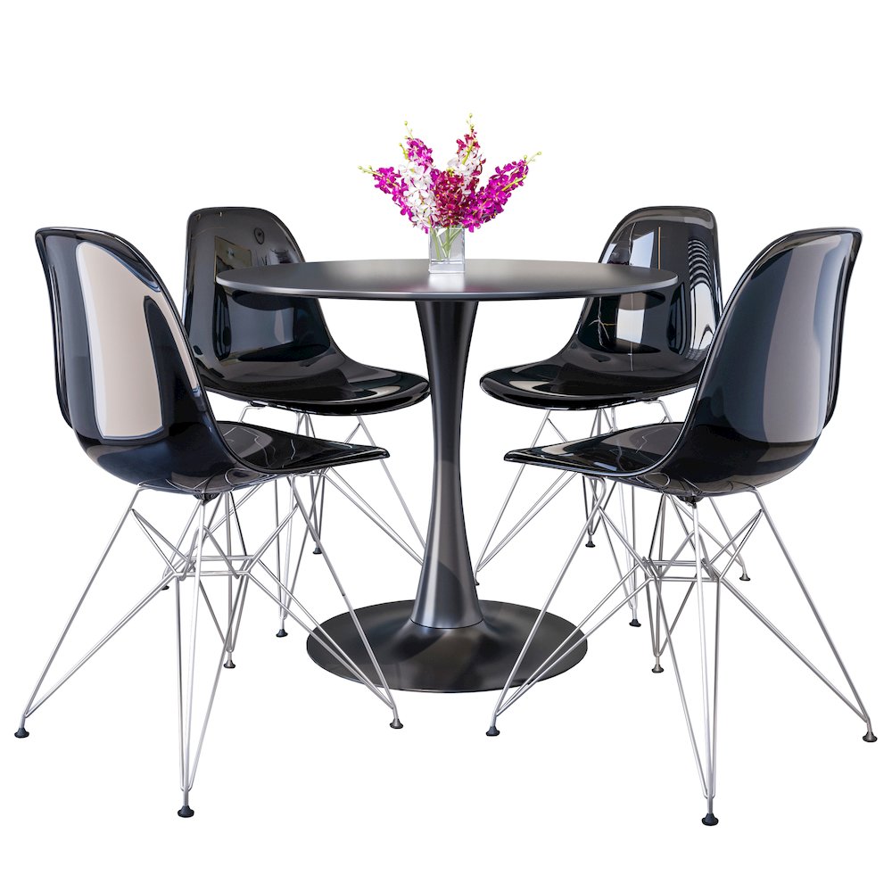 5-Piece Dining Set 35" Round Dining Table in Chrome - Transparent Black. Picture 1