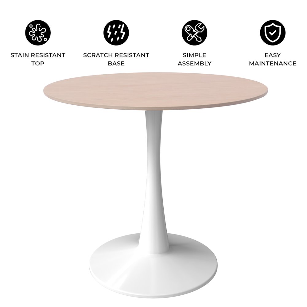 Bristol 27" Round Dining Table White Base with Sintered Stone Natural Wood Top. Picture 3
