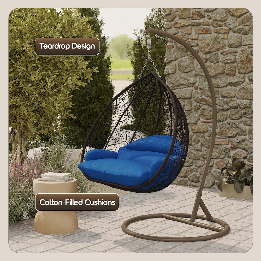 Recluse Collection Modern Outdoor Swing Chair Brown Frame with Blue Cushion. Picture 6