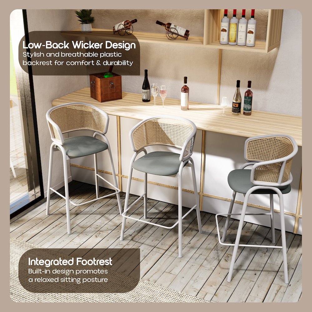 Ervilla Wicker Bar Stool with Fabric Seat and White Steel Frame - Grey leather. Picture 3