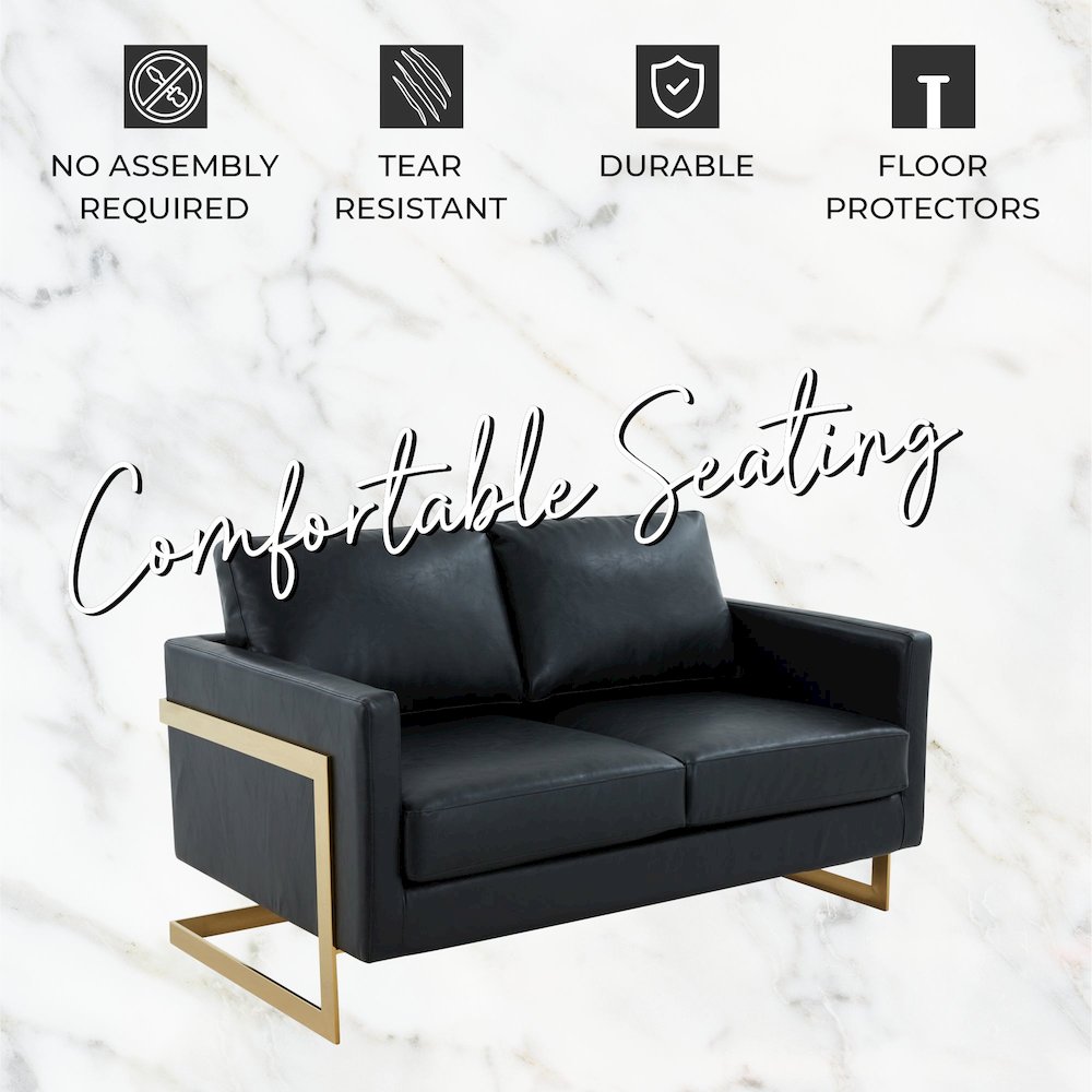 Lincoln Modern Mid-Century Upholstered Leather Loveseat with Gold Frame. Picture 10