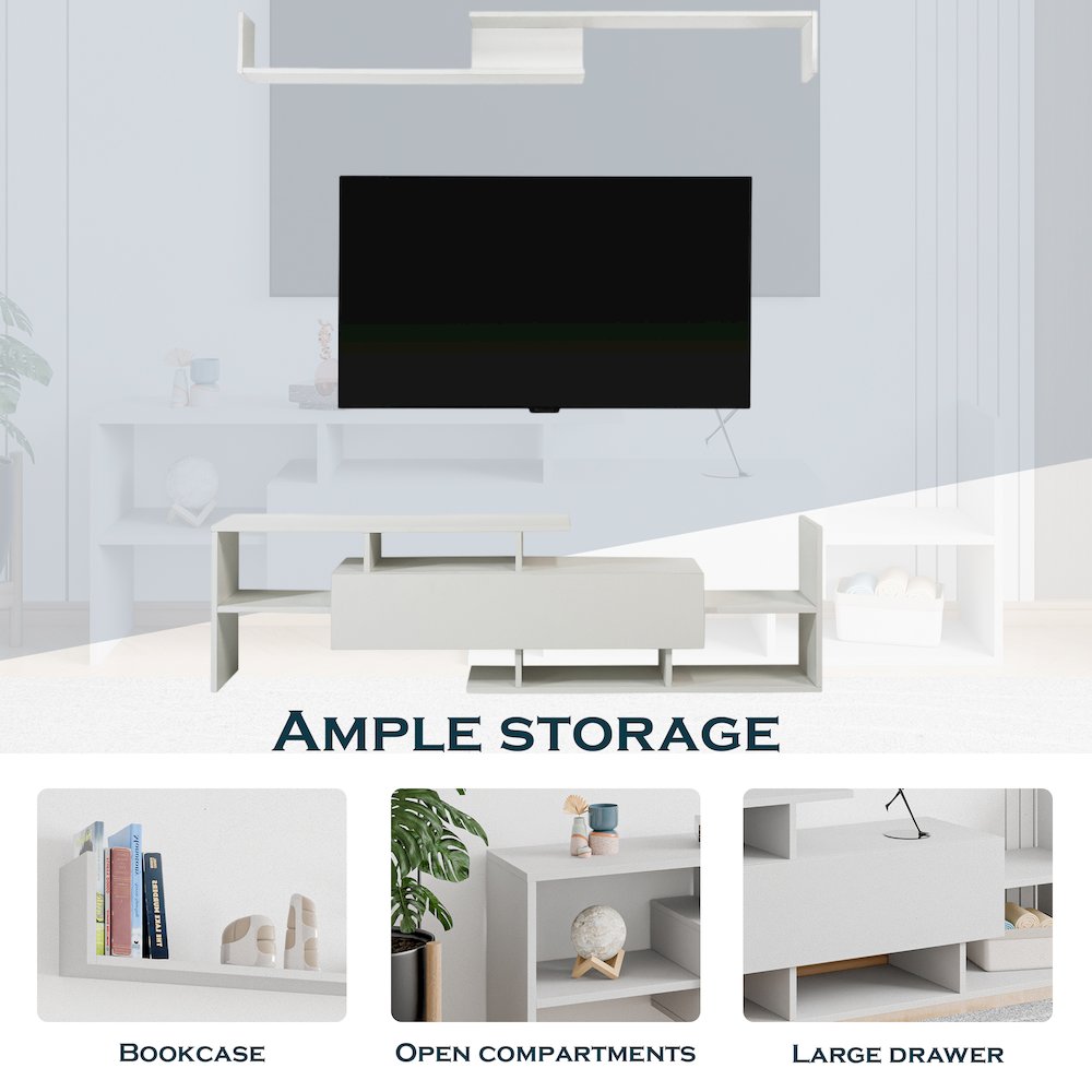 Surrey Modern TV Stand with MDF Shelves and Bookcase in White. Picture 3