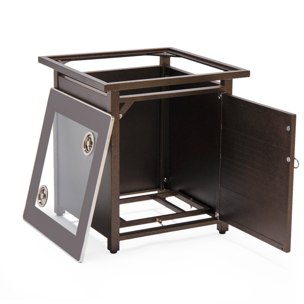 Walbrooke Patio Square Fire Pit and Tank Holder with Slats Design in Brown. Picture 17