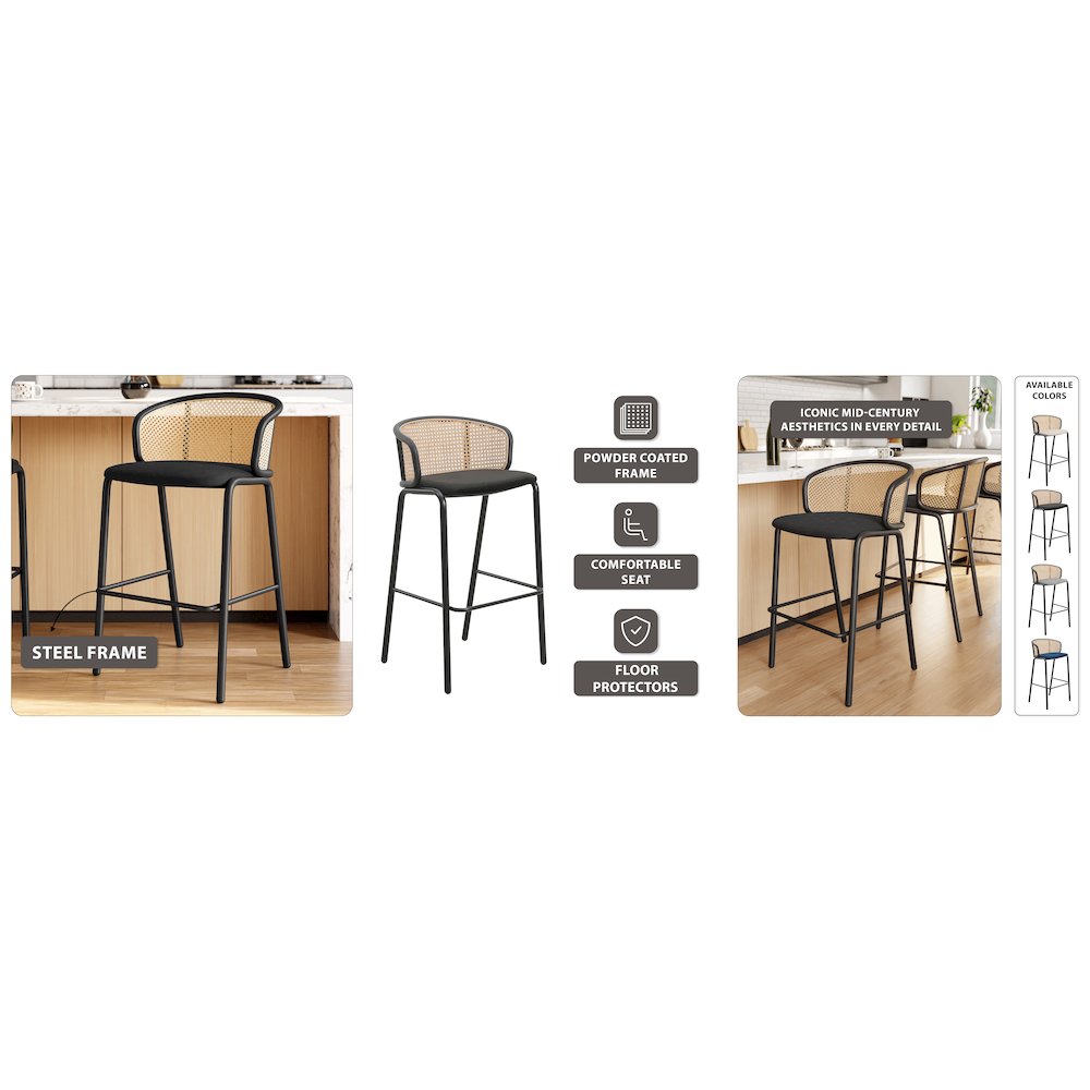 Ervilla Mid-Century Modern Wicker Bar Stool in Black. Picture 17