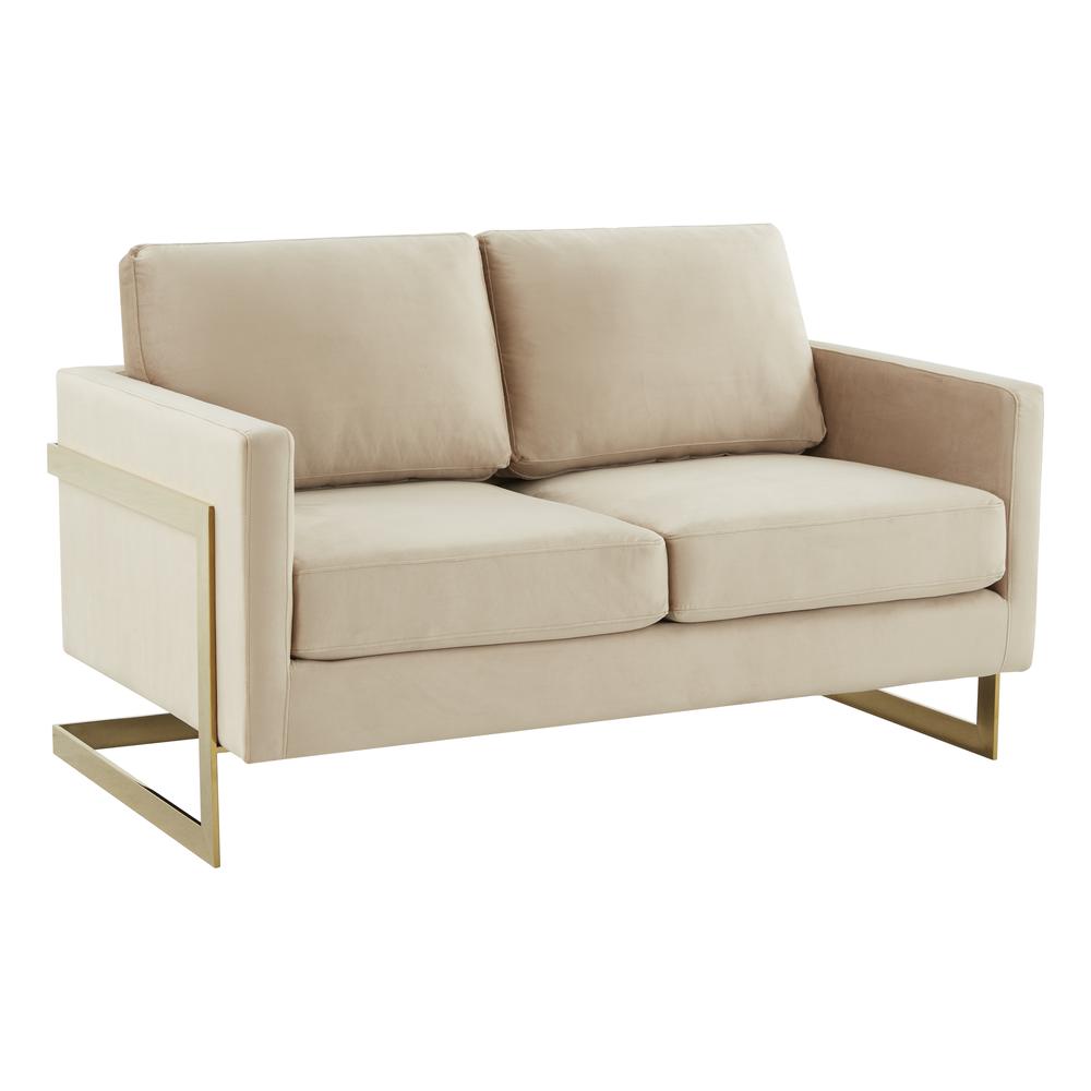 LeisureMod Lincoln Modern Mid-Century Upholstered Velvet Loveseat with Gold Frame, Beige. Picture 1