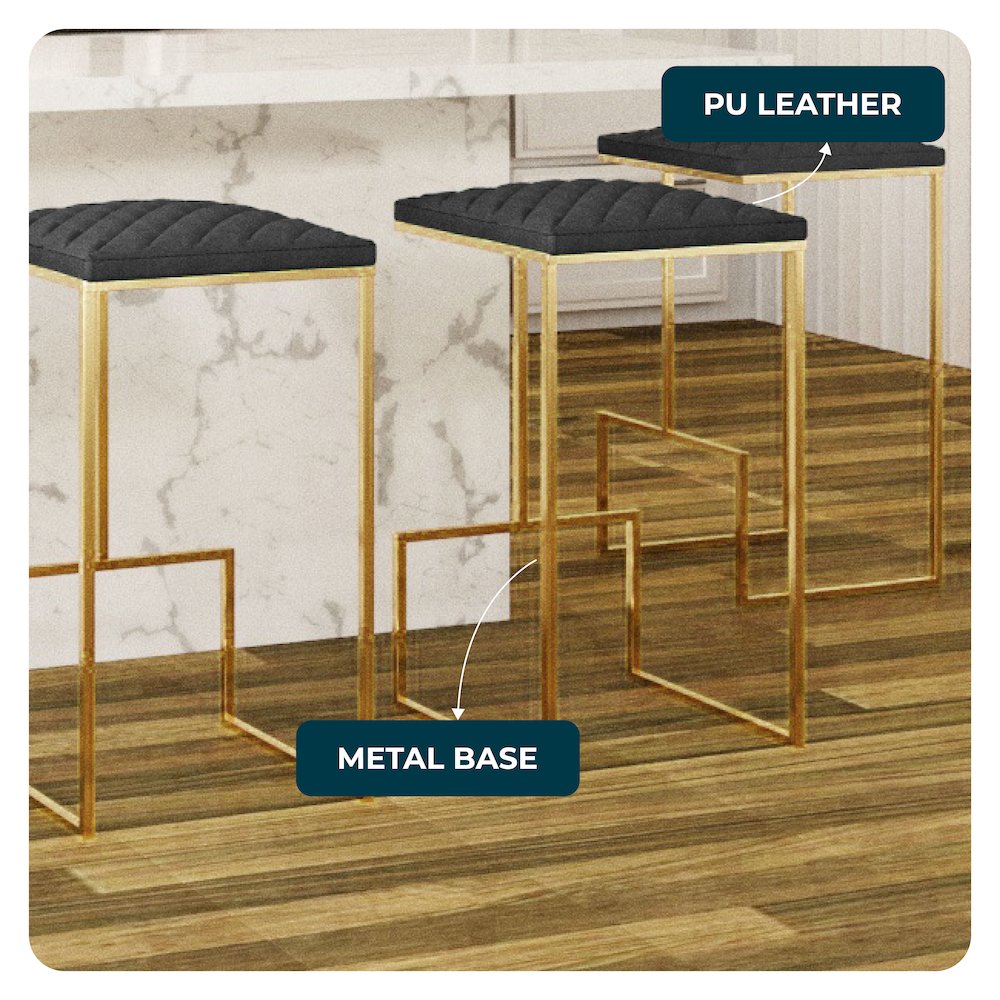 Quincy Quilted Stitched Leather Bar Stools With Gold Metal Frame. Picture 12