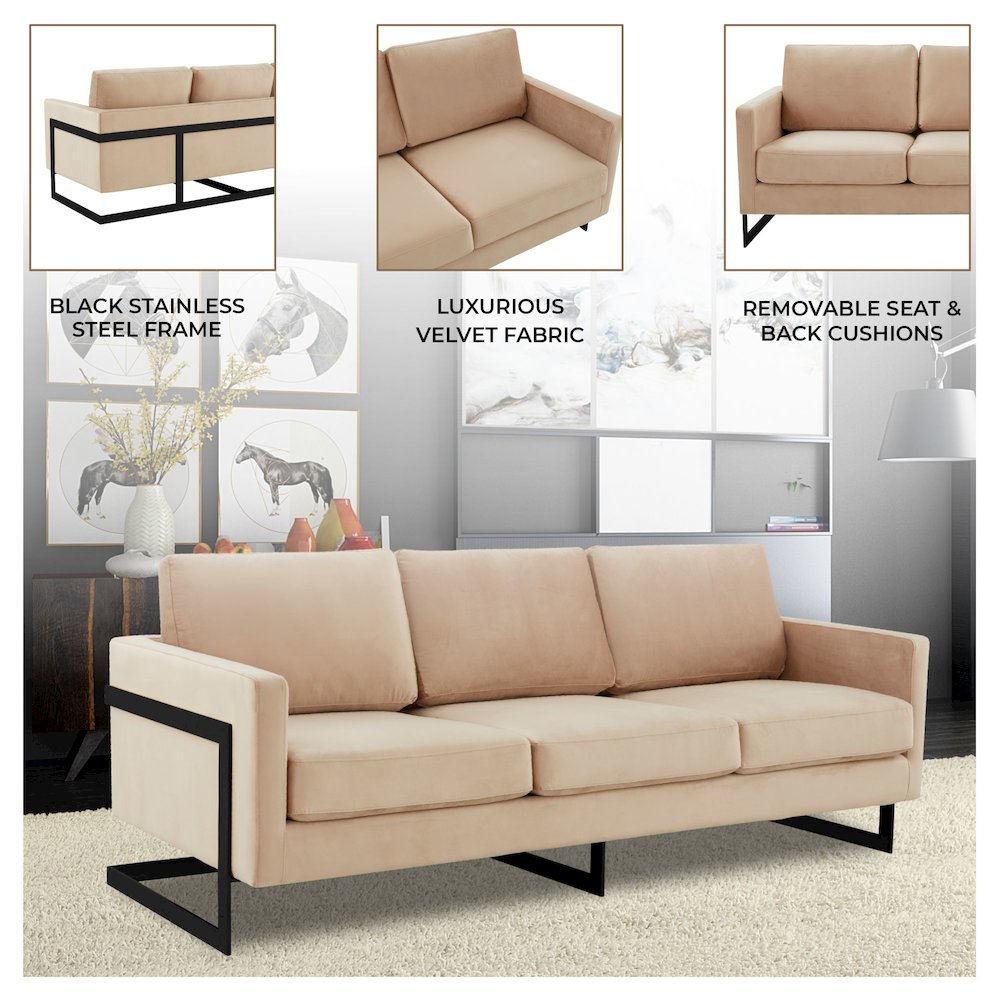 Lincoln Beige Velvet Sofa With Black Frame. Picture 3