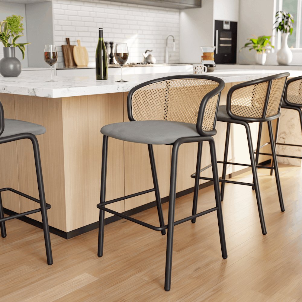 Ervilla Mid-Century Modern Wicker Bar Stool in Grey. Picture 2