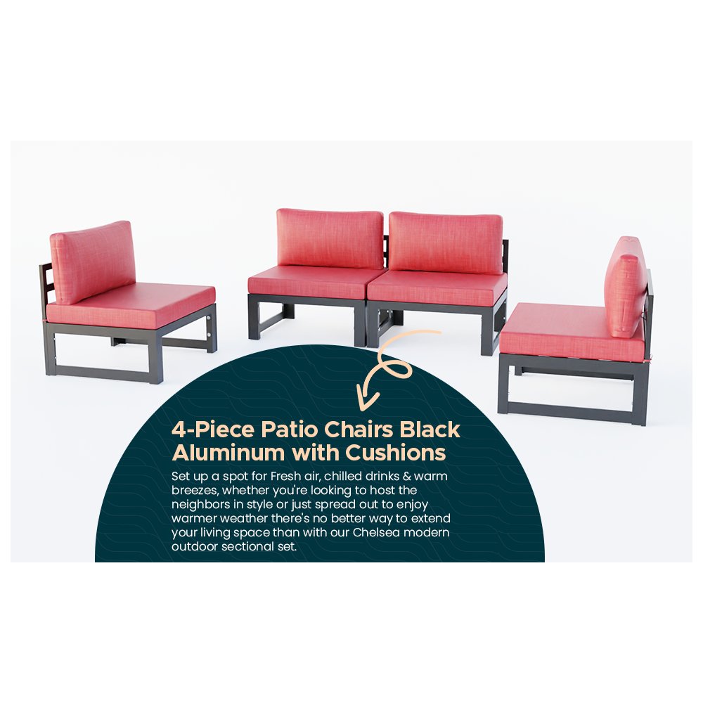 Chelsea 4-Piece Middle Patio Chairs Black Aluminum With Cushions. Picture 3
