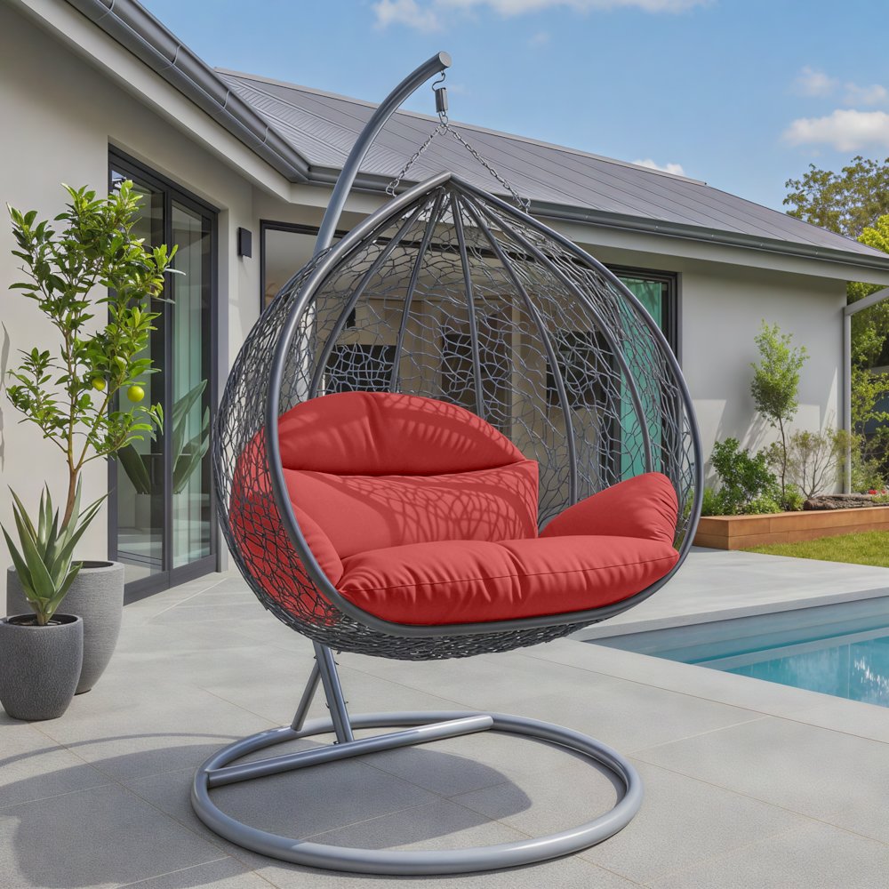 Recluse Collection Modern Outdoor Swing Chair Grey Frame with ES57 Red Cushion. Picture 13