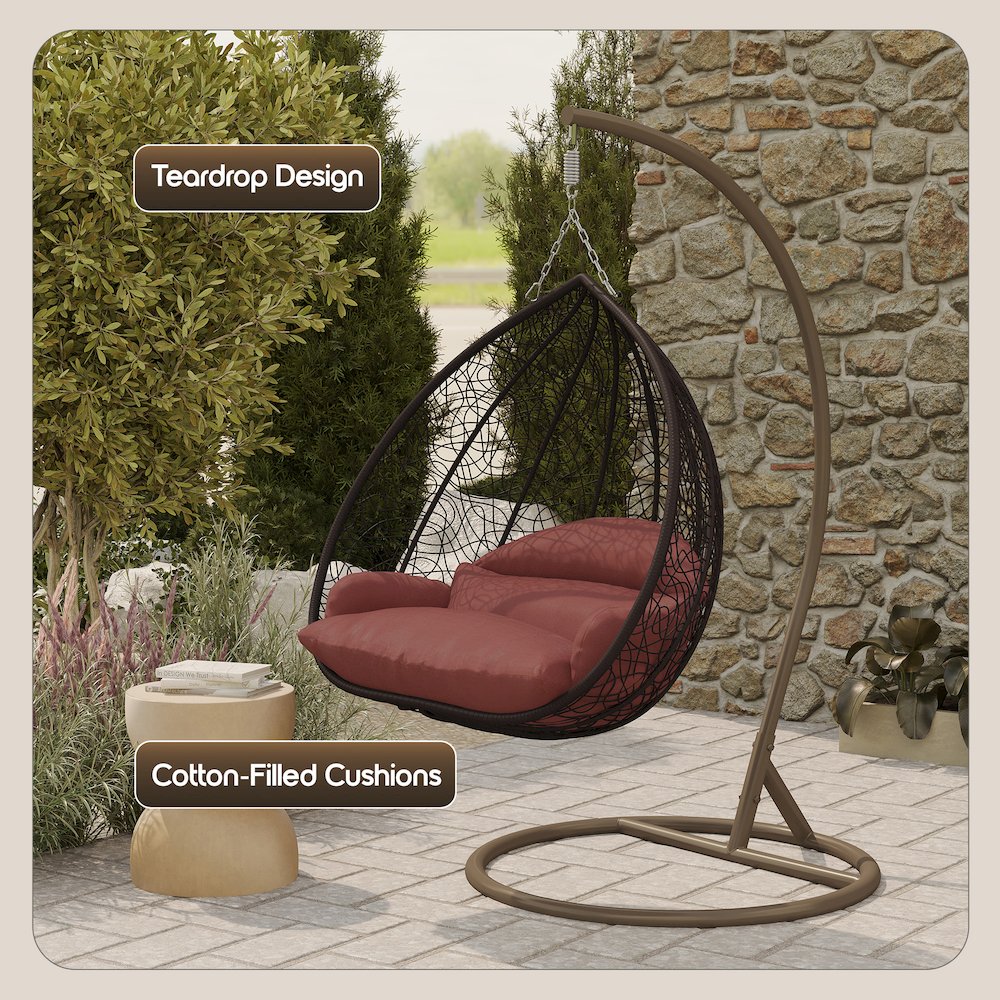 Recluse Collection Modern Outdoor Swing Chair Brown Frame Dark Orange Cushion. Picture 5