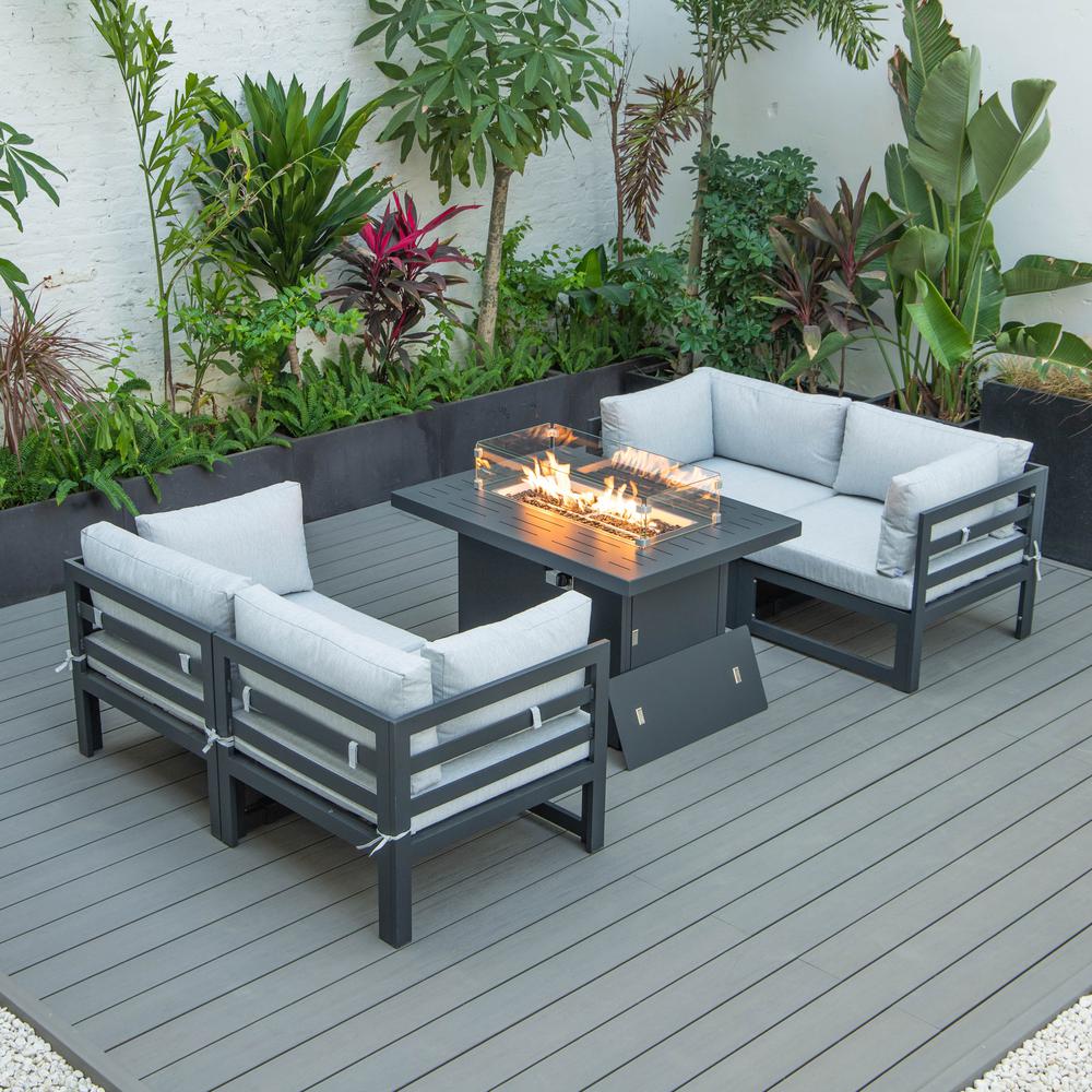 LeisureMod Chelsea 5-Piece Sectional Loveseat and Fireplace Set Black Aluminum with Cushions, Light Grey. Picture 1