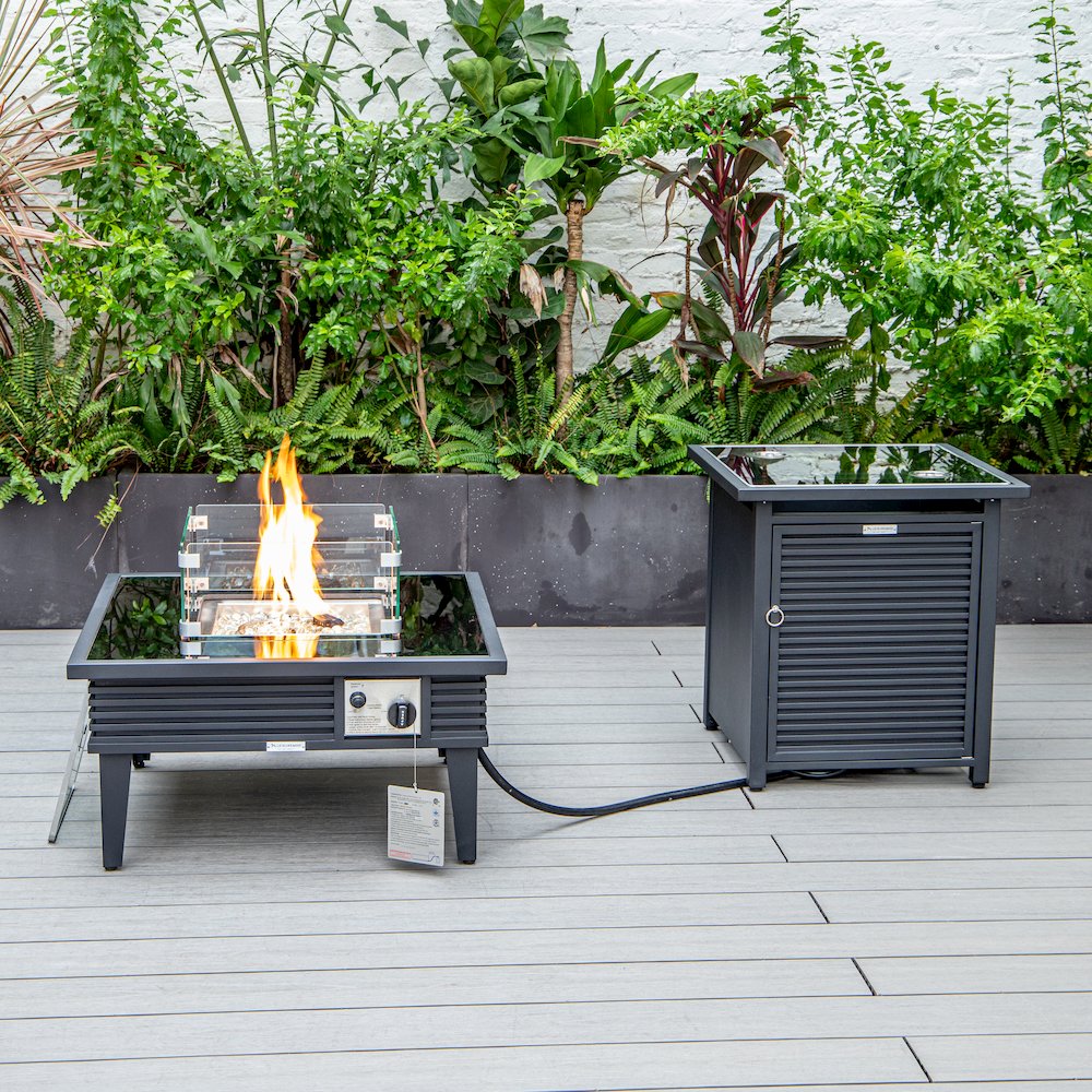 Walbrooke Patio Square Fire Pit and Tank Holder with Slats Design in Black. Picture 1