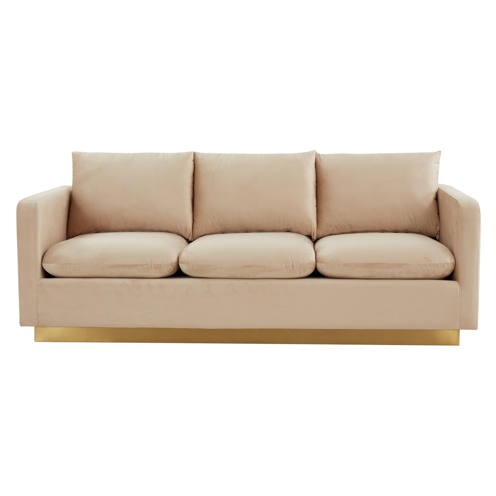 Nervo Modern Mid-Century Upholstered Velvet Sofa with Gold Frame. Picture 1