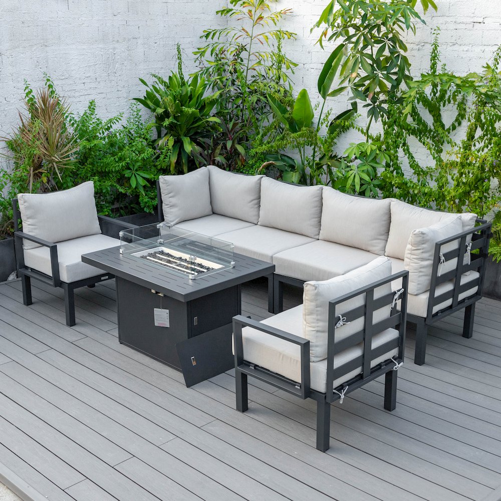 Chelsea 7-Piece Patio Sectional And Fire Pit Table Black Aluminum With Cushions. Picture 3