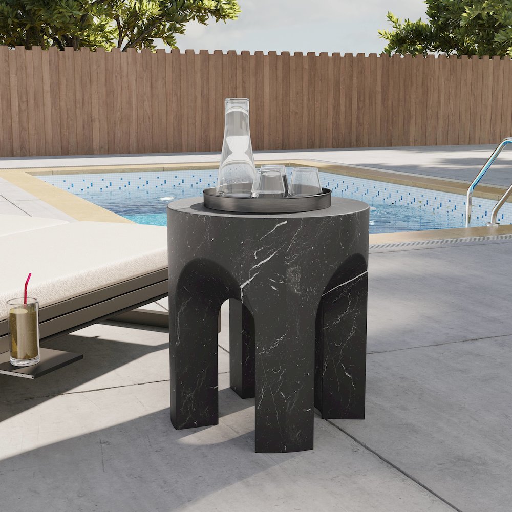 Crus Collection Fiberglass Outdoor Side Table Marbleized Black. Picture 5