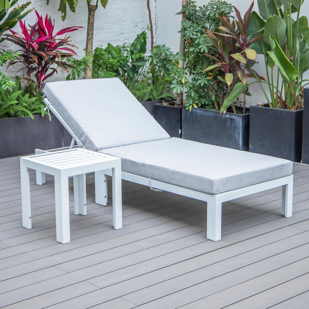 Chelsea Modern Outdoor White Chaise Lounge Chair With Side Table & Cushions. Picture 4