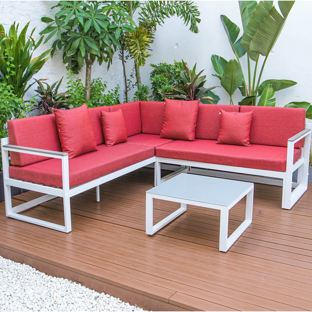 Chelsea White Sectional With Adjustable Headrest & Coffee Table With Cushions. Picture 2