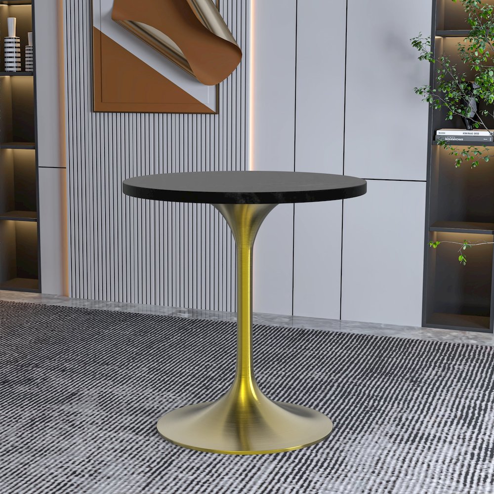 Verve Collection 27" Round Dining Table, Brushed Gold Base with Black MDF Top. Picture 13