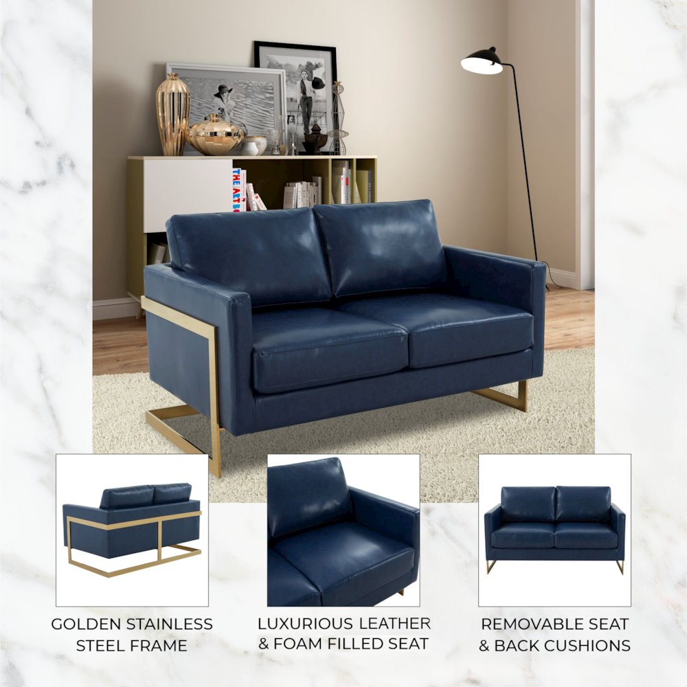 Lincoln Modern Mid-Century Upholstered Leather Loveseat with Gold Frame. Picture 12
