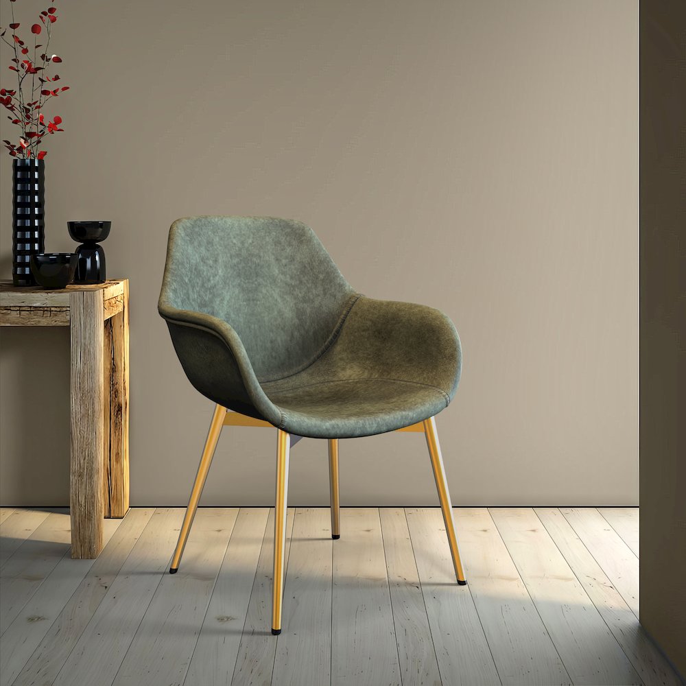 Markley Modern Leather Dining Arm Chair With Gold Metal Legs. Picture 19