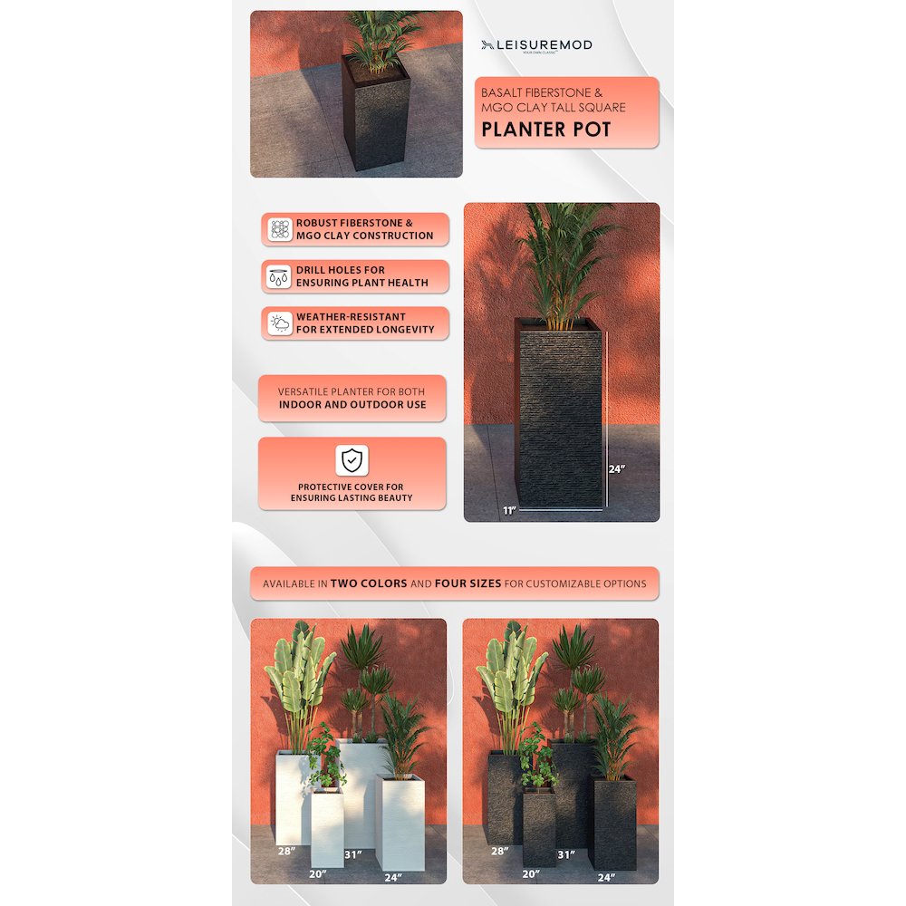 Basalt Series Poly Stone Planter 11" Square 23.6" High in Black. Picture 19