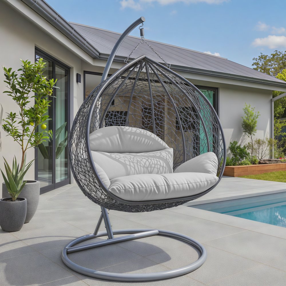 Recluse Collection Modern Outdoor Swing Chair Grey Frame with ES57 White Cushion. Picture 13
