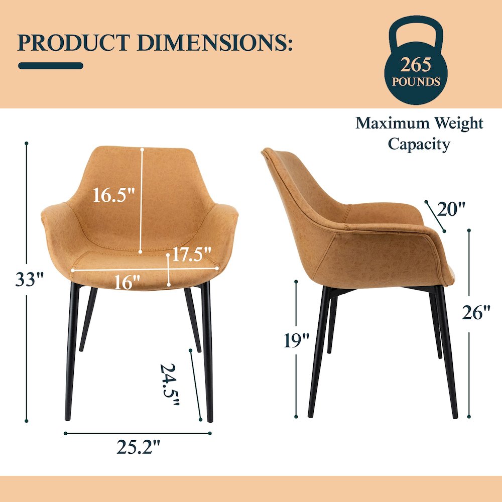 Markley Modern Leather Dining Arm Chair With Metal Legs Set of 2. Picture 2