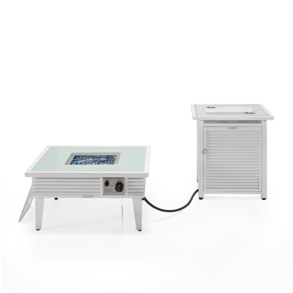 Walbrooke Patio Square Fire Pit and Tank Holder with Slats Design in White. Picture 3