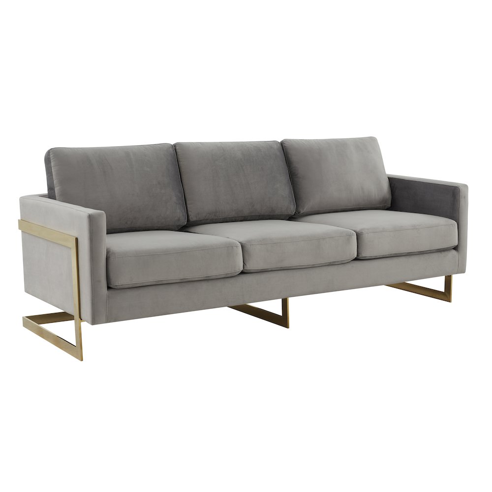 Lincoln Modern Mid-Century Upholstered Velvet Sofa with Gold Frame. Picture 1