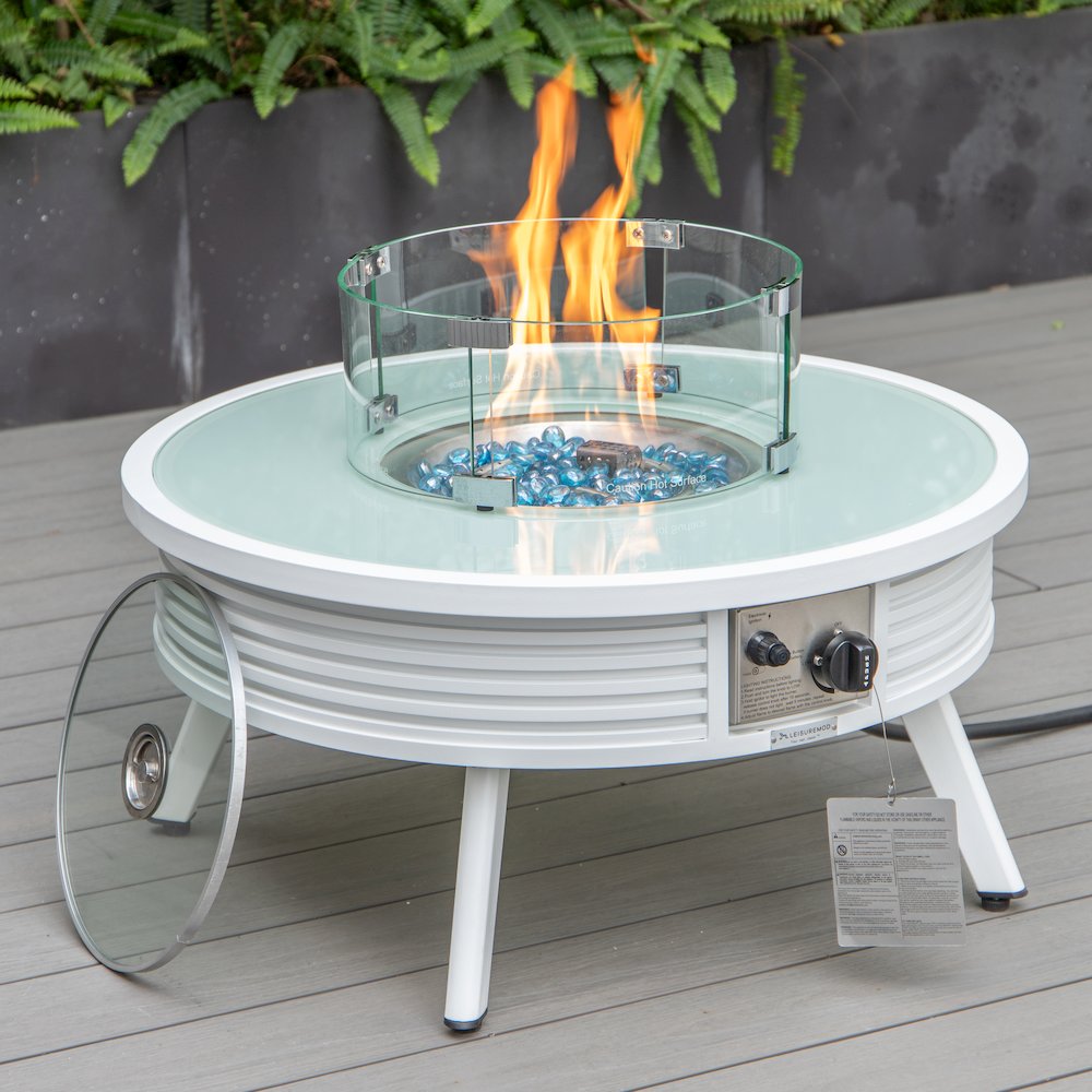 Walbrooke Patio Round Fire Pit and Tank Holder with Slats Design in White. Picture 5