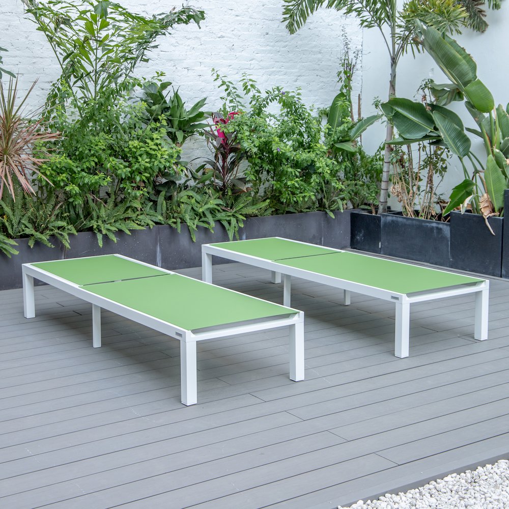 Marlin Patio Chaise Lounge Chair With White Aluminum Frame, Set of 2 in Green. Picture 6