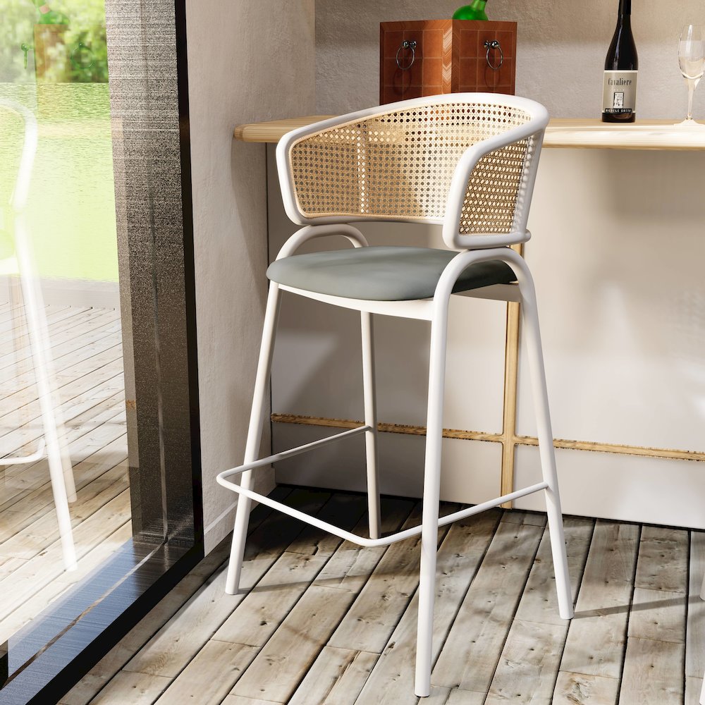 Ervilla Wicker Bar Stool with Fabric Seat and White Steel Frame - Grey leather. Picture 6