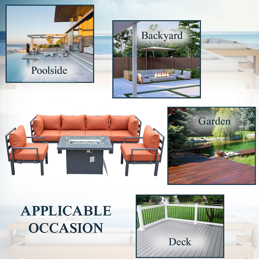 Chelsea 7-Piece Patio Sectional And Fire Pit Table Black Aluminum With Cushions. Picture 41
