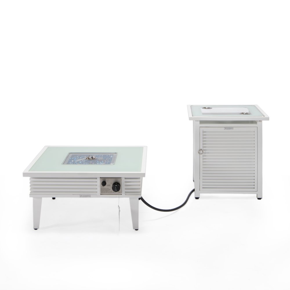 Walbrooke Patio Square Fire Pit and Tank Holder with Slats Design in White. Picture 2