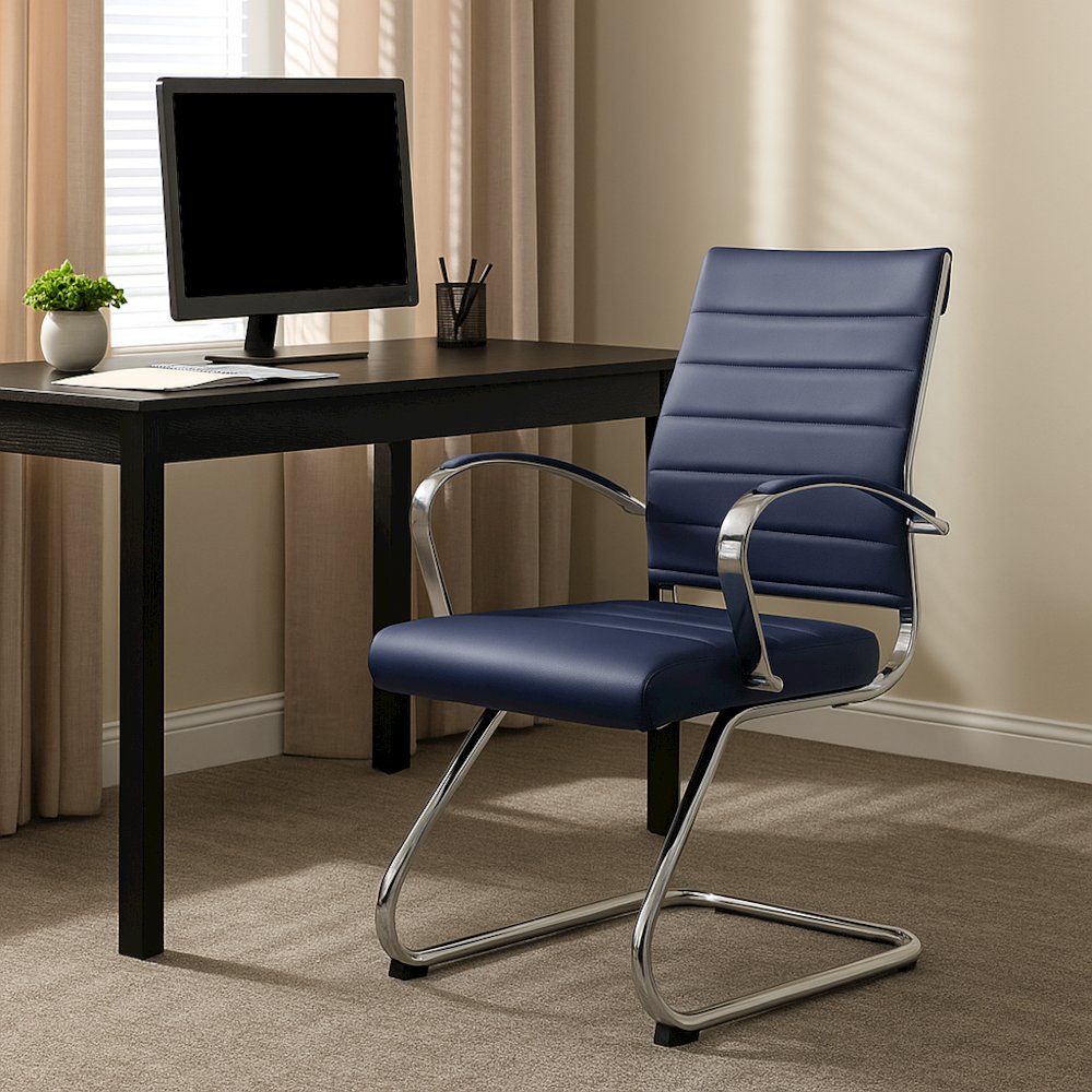 Benmar Home Leather Guest Office Chair in Navy Blue. Picture 18