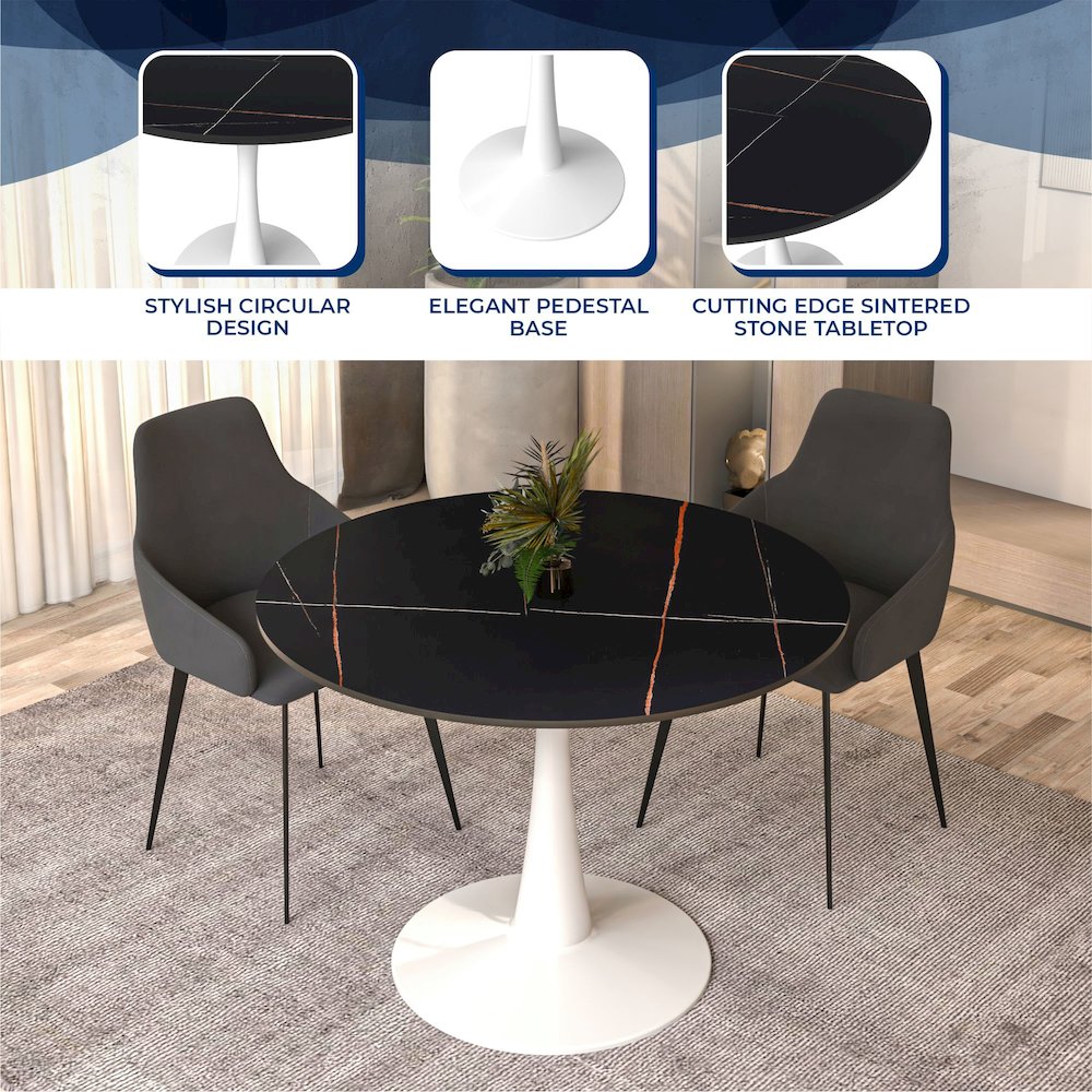 Bristol 40" round dining table White base with Black Sintered stone Top. Picture 13