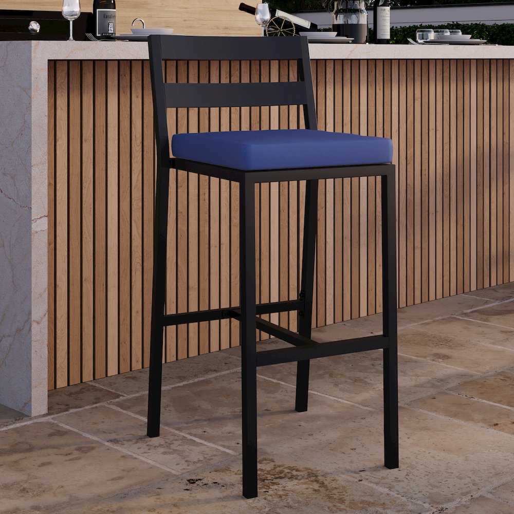 Chelsea Collection Modern Aluminum Chair in black with Blue Cushions - Set of 2. Picture 7