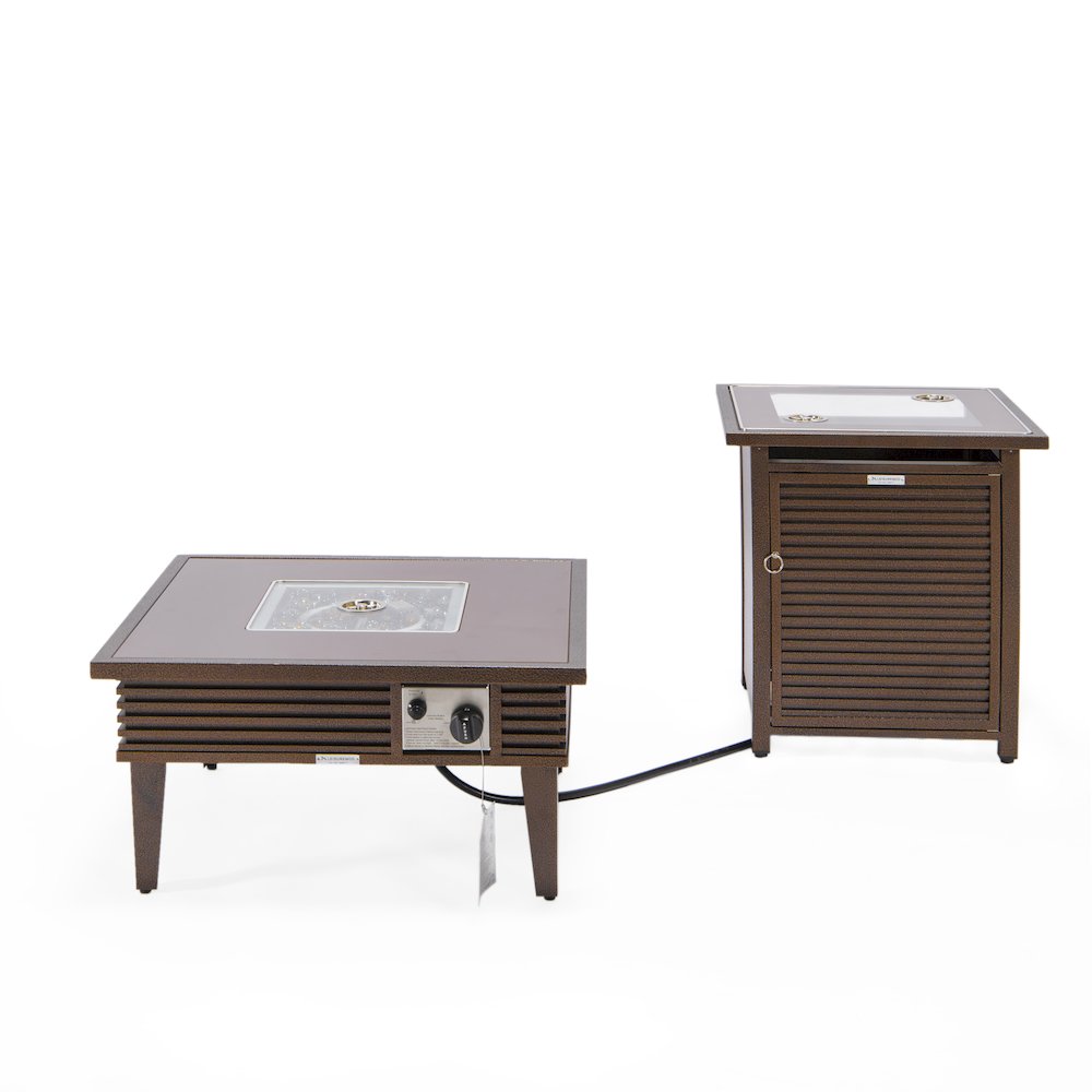 Walbrooke Patio Square Fire Pit and Tank Holder with Slats Design in Brown. Picture 2