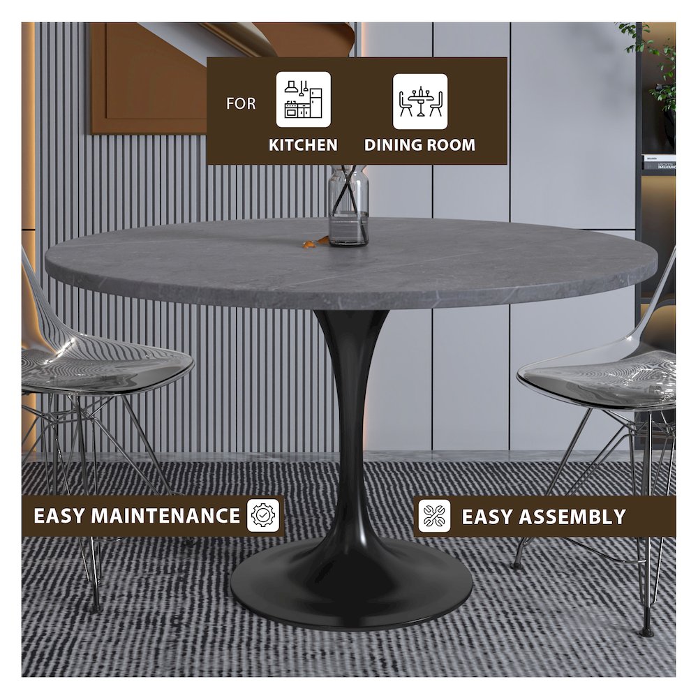 Verve Collection 48 Round Dining Table, Black Base with Sintered Stone Grey Top. Picture 3