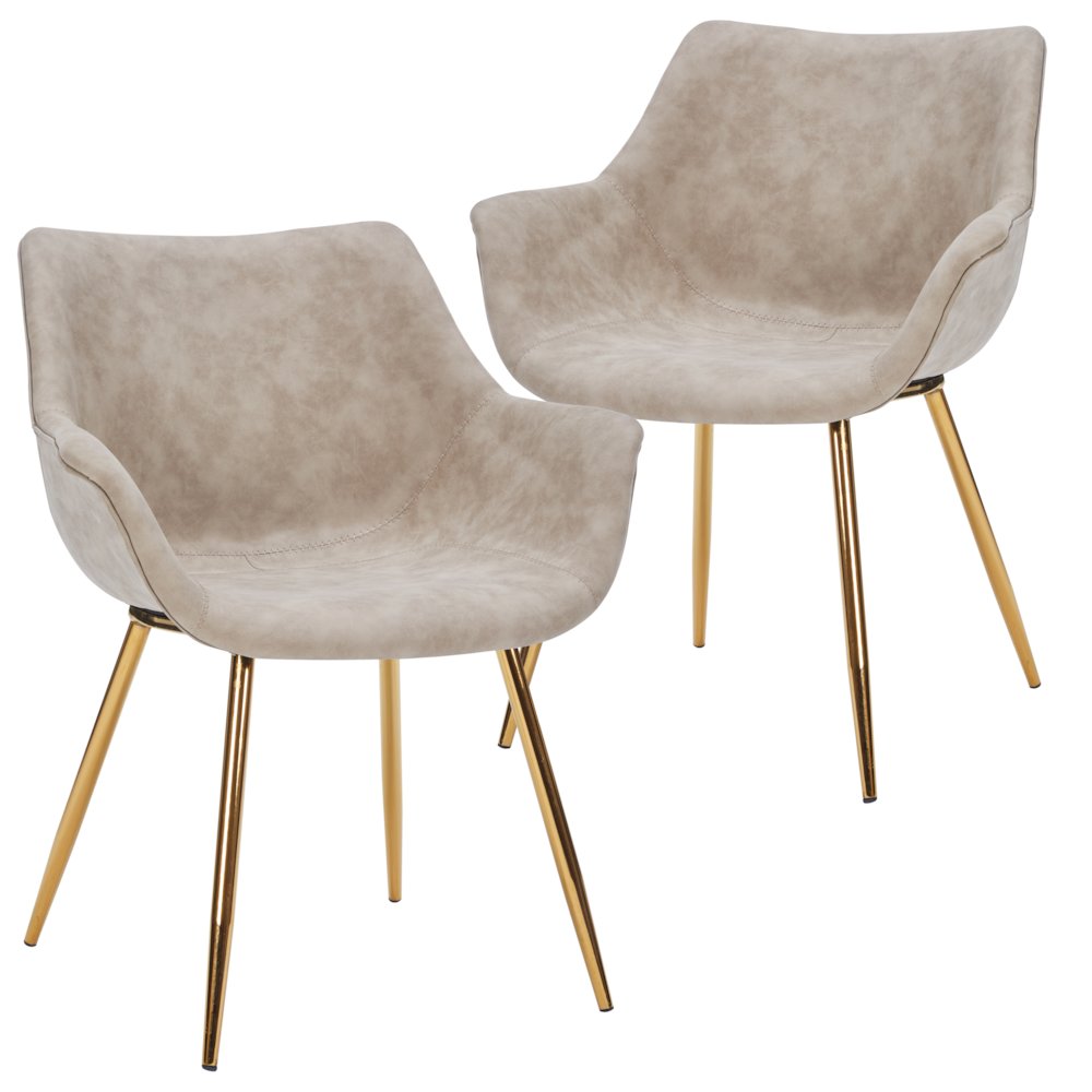 Markley Modern Leather Dining Arm Chair With Gold Legs in Taupe Set of 2. Picture 9