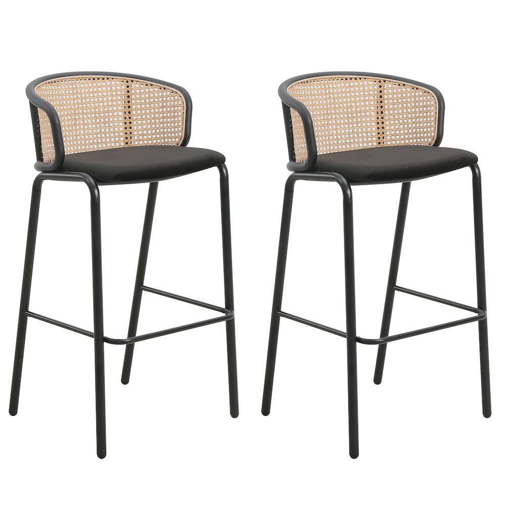 Ervilla Mid-Century Modern Wicker Bar Stool in Black. Picture 3