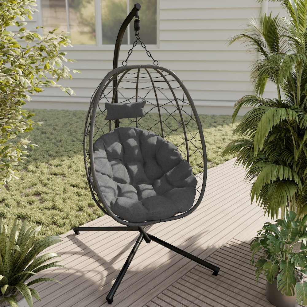 Summit Series Outdoor Egg Swing Chair In Black With CHarcoal Cushions. Picture 10